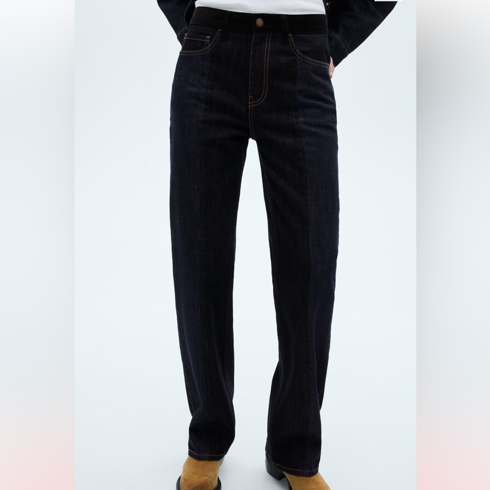 Mango two toned dark blue indigo denim straight leg jeans 100% cotton